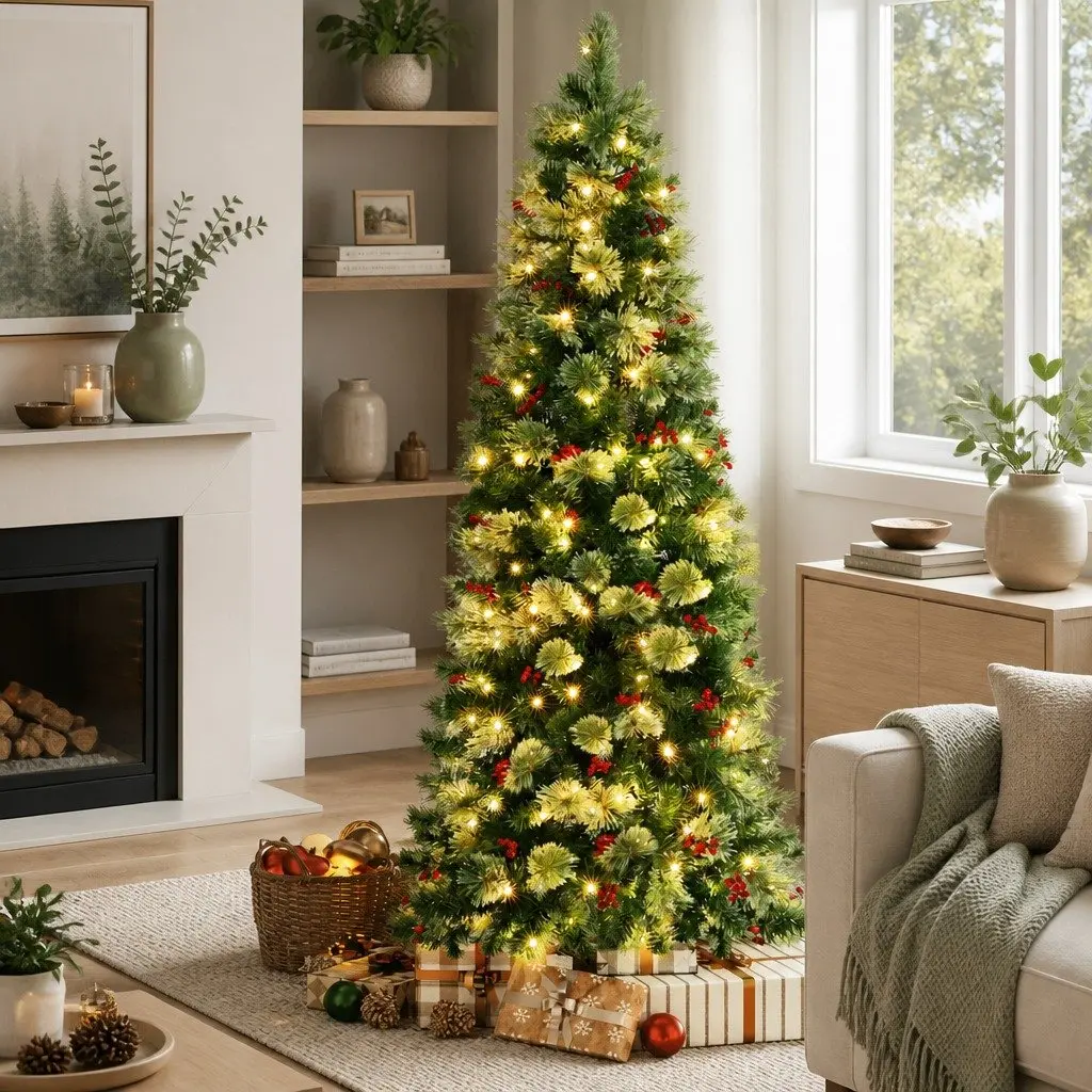 Christmas Tree PVC 180cm Red Berries LED 6FT