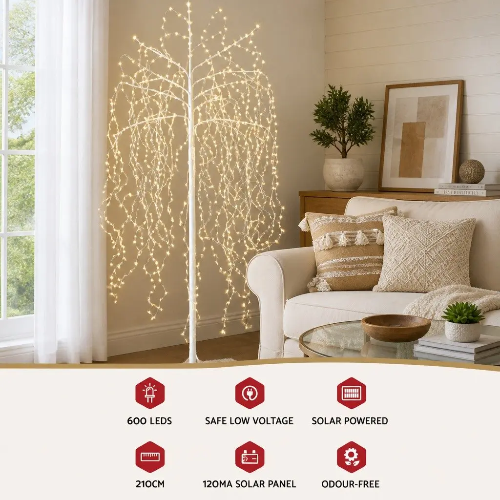 LED Christmas Tree Solar 7ft Powder-coated Steel 600 Warm White Lights Indoor Outdoor