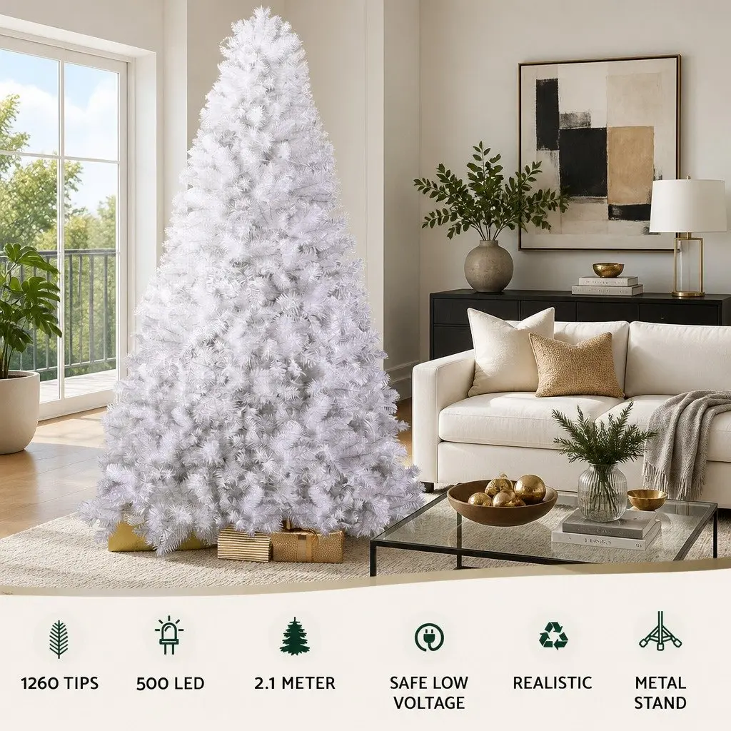 Christmas Tree PVC 2.1m White with 500 LED Lights