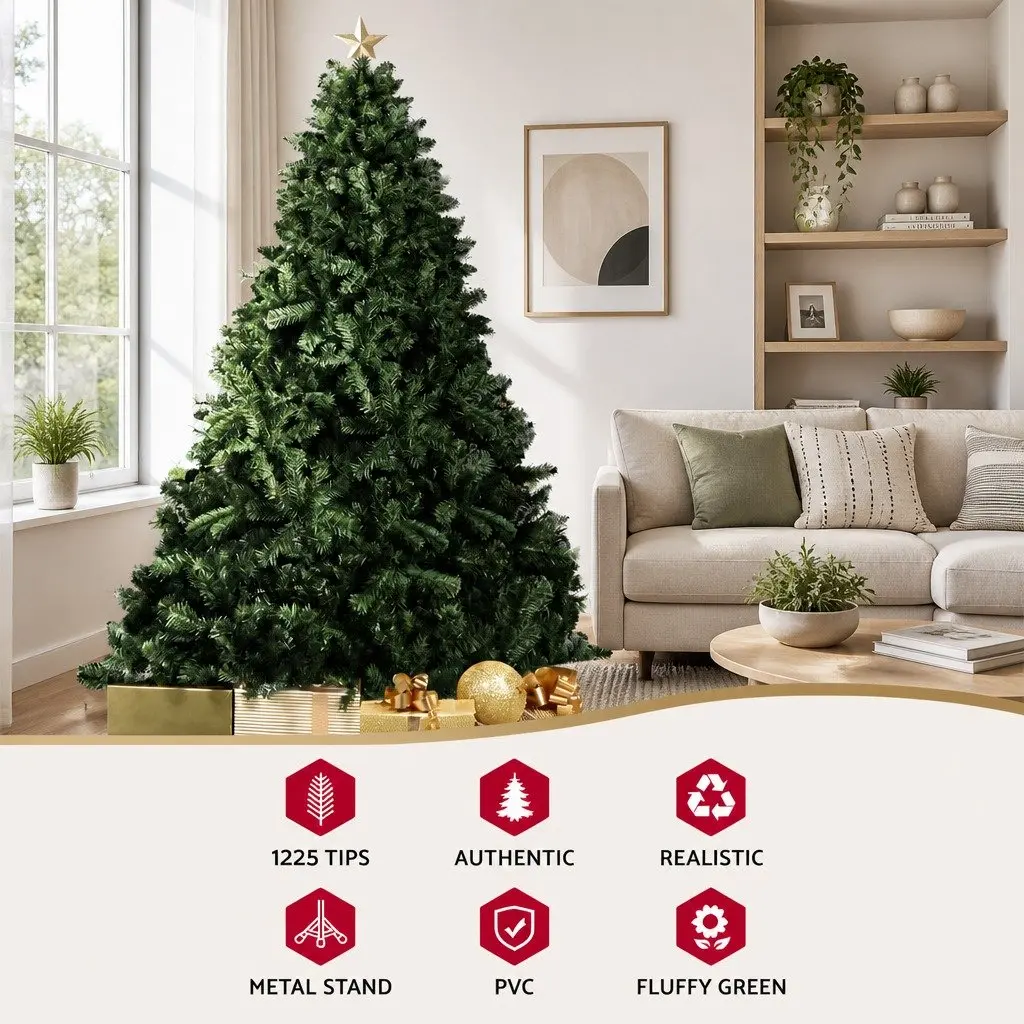 Artificial Christmas Tree PVC 2.4m Green 1225 Tips Metal Stand Home Decor