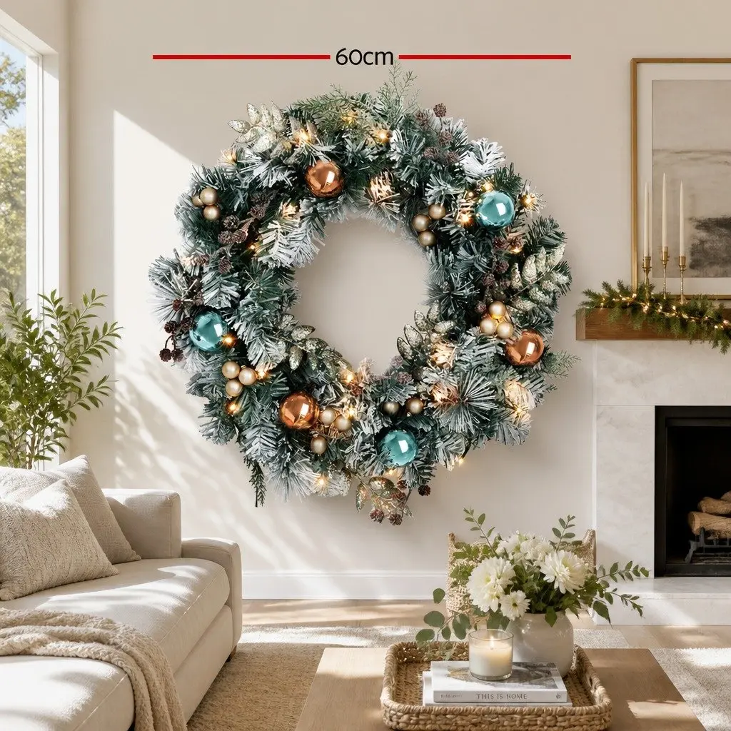 Christmas Wreath PVC 60cm Pre-lit LED Snowy Foliage