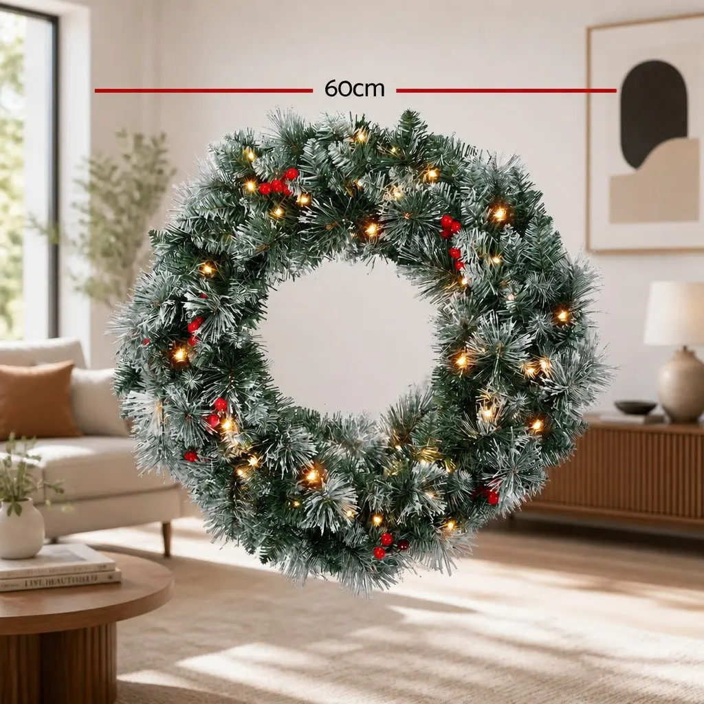 60cm Christmas Wreath with Warm LED Lights Snowy Berries Pine Needles Holiday