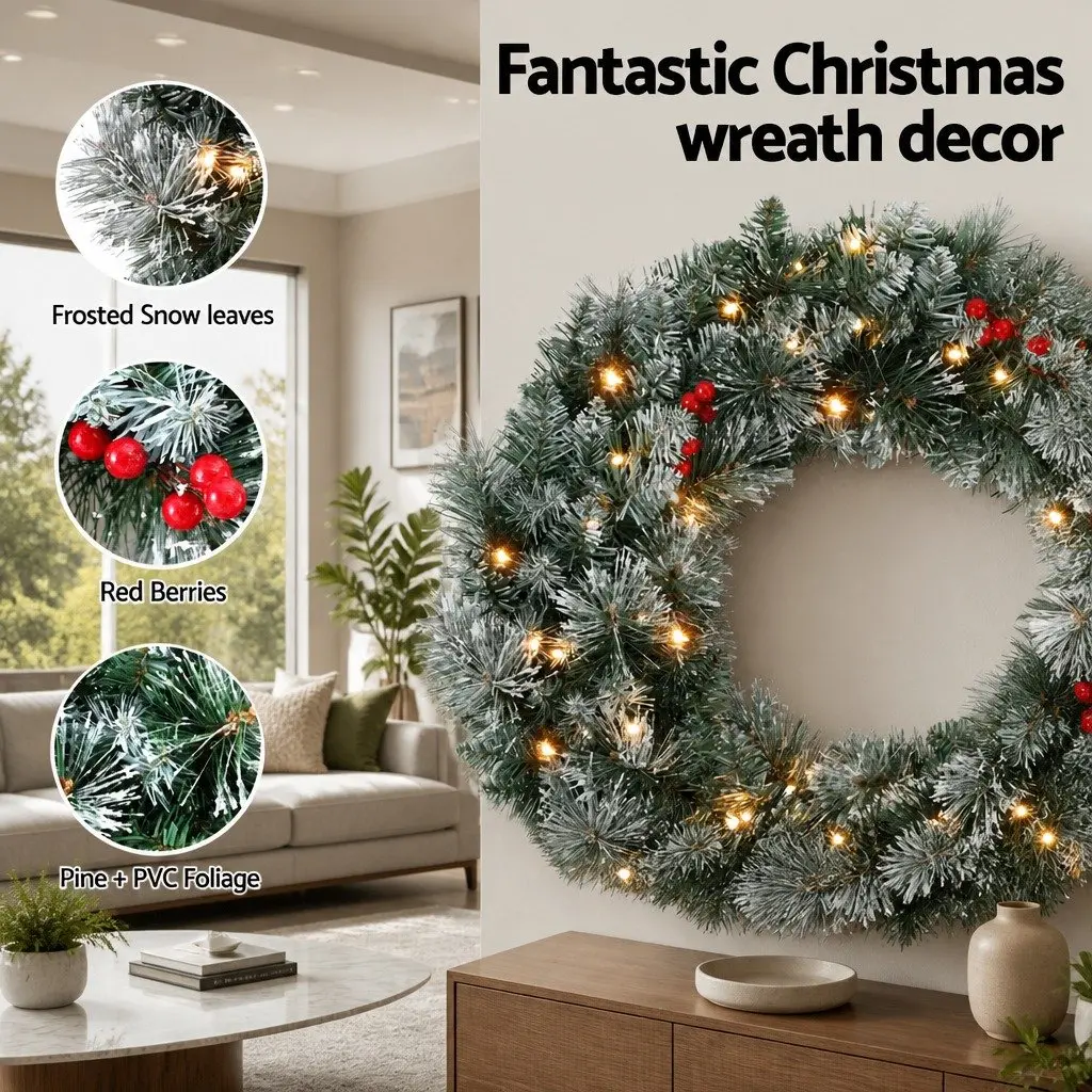 60cm Christmas Wreath with Warm LED Lights Snowy Berries Pine Needles Holiday