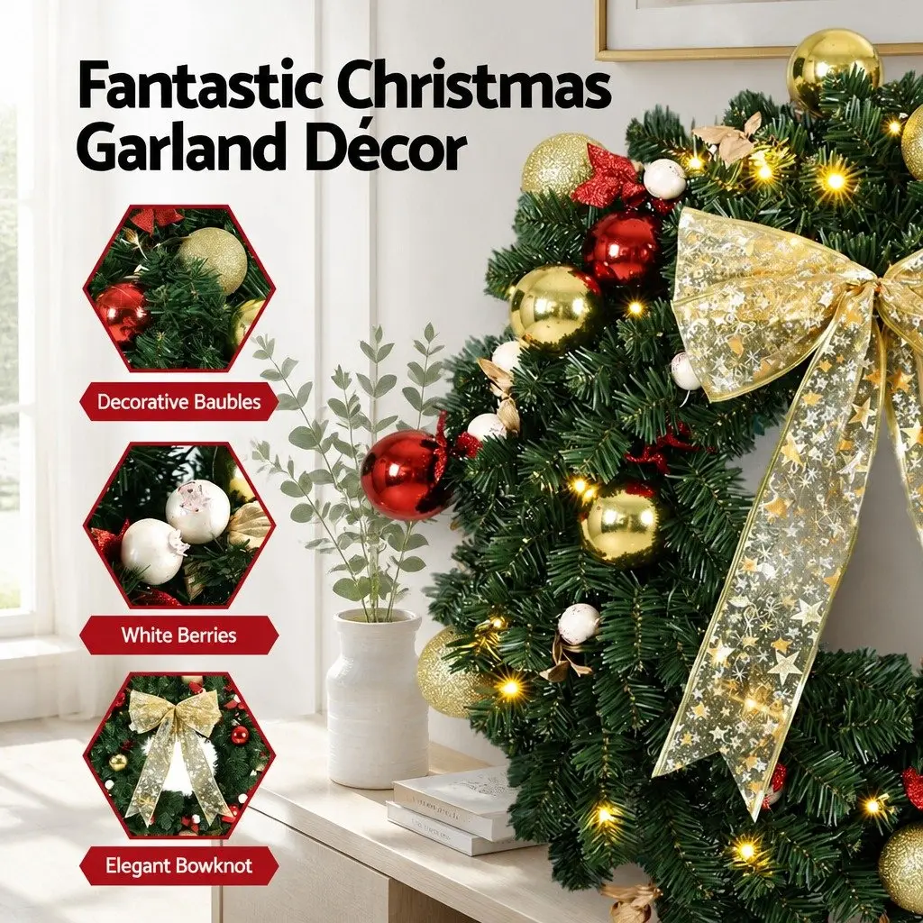 60cm LED Christmas Wreath with Baubles and Berries