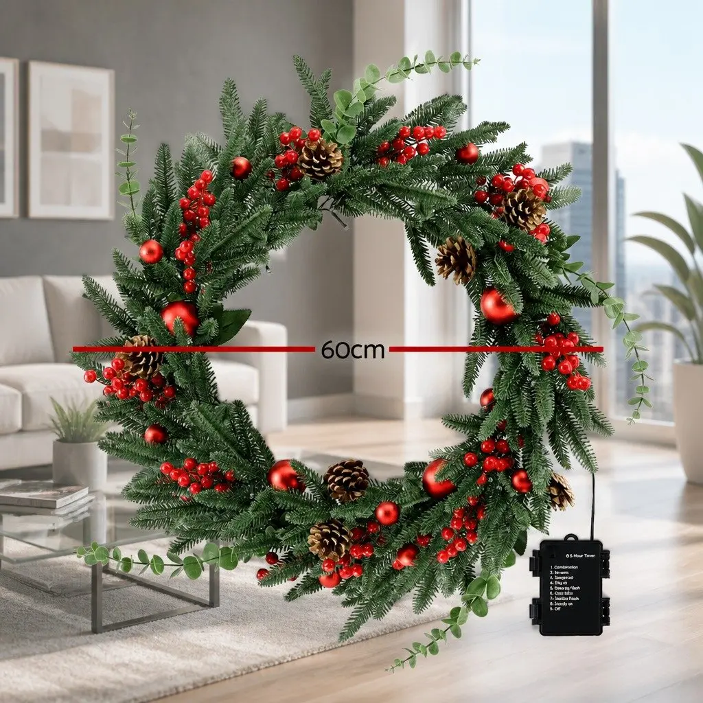 Christmas Wreath 60cm Pre-lit LED Green Pine Cones Red Berries