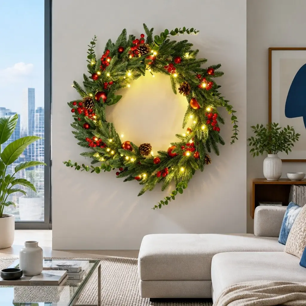 Christmas Wreath 60cm Pre-lit LED Green Pine Cones Red Berries