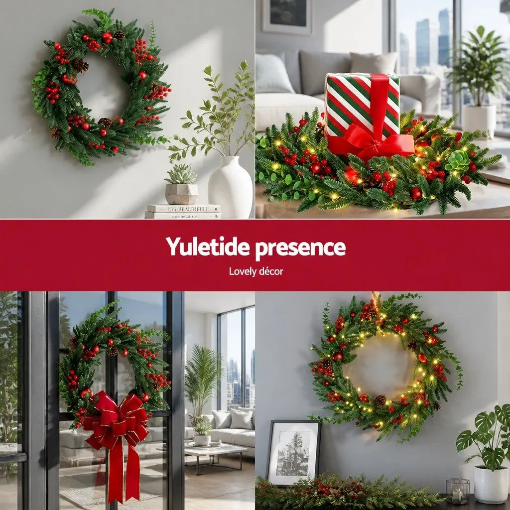 Christmas Wreath 60cm Pre-lit LED Green Pine Cones Red Berries