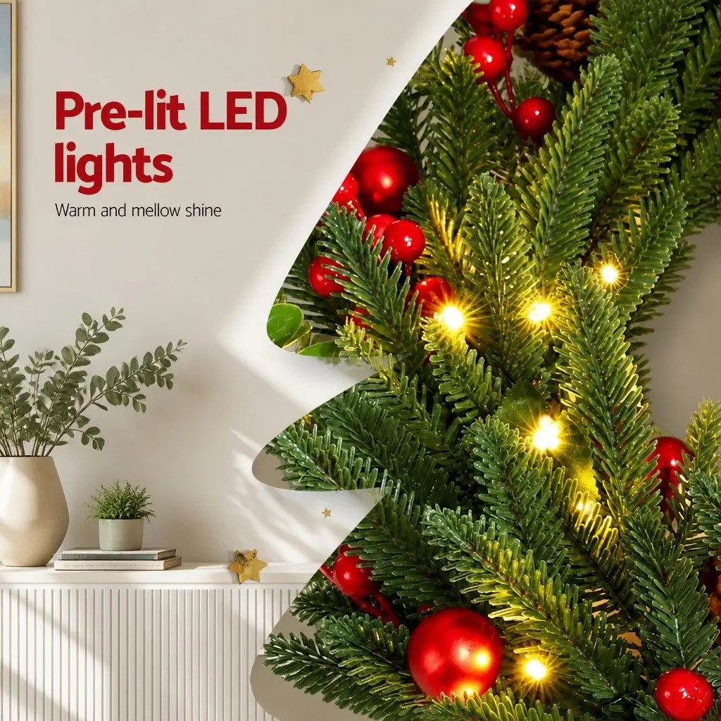 Christmas Wreath 60cm Pre-lit LED Green Pine Cones Red Berries