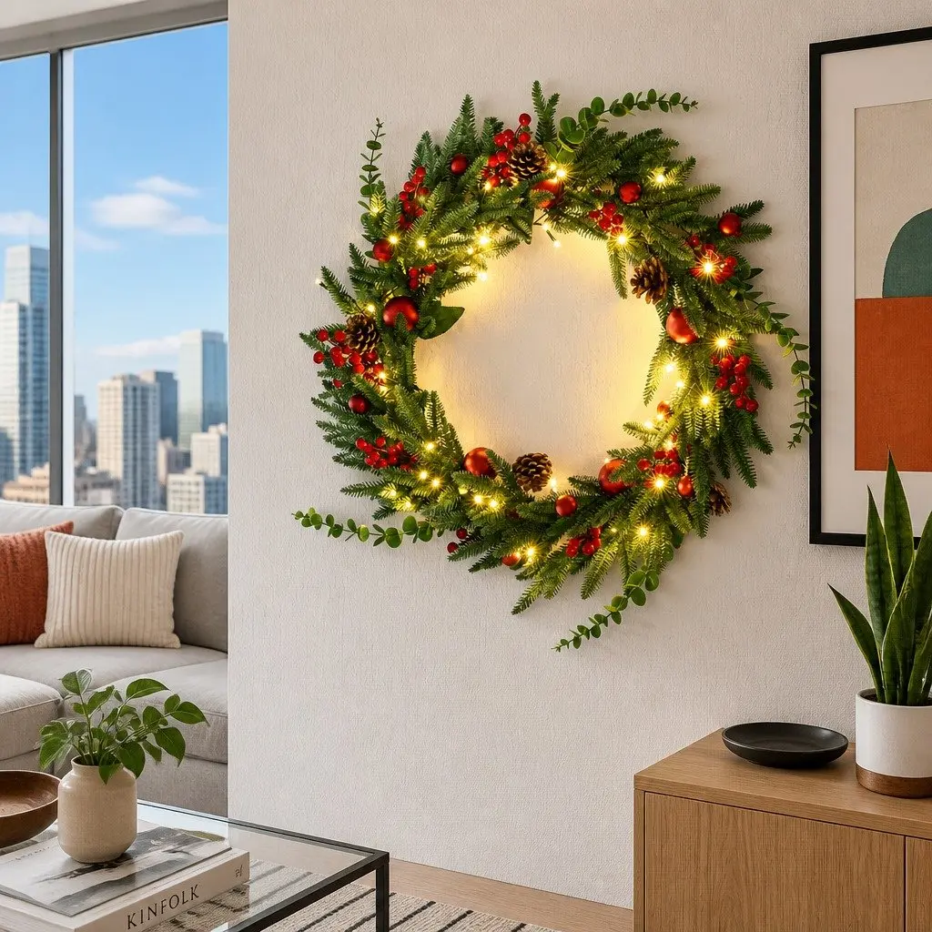 Christmas Wreath 60cm Pre-lit LED Green Pine Cones Red Berries