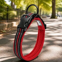Sturdy Reflective Dog Collar with Safety Lock Clip - Red 2XS
