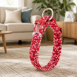 Floral Dog Collar Padded Small Red Snap Buckle O Ring Leash Attachment Pet