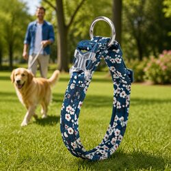 Floral Padded Dog Collar Large Blue Snap Buckle O Ring Leash Attachment