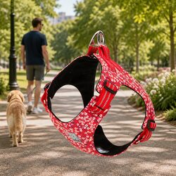 Dog Harness Floral Design Lightweight Cotton Adjustable Straps Reflective Safety