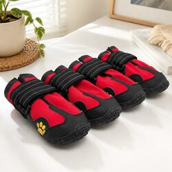Weatherproof Dog Booties with Reflective Straps, Red, Size 6