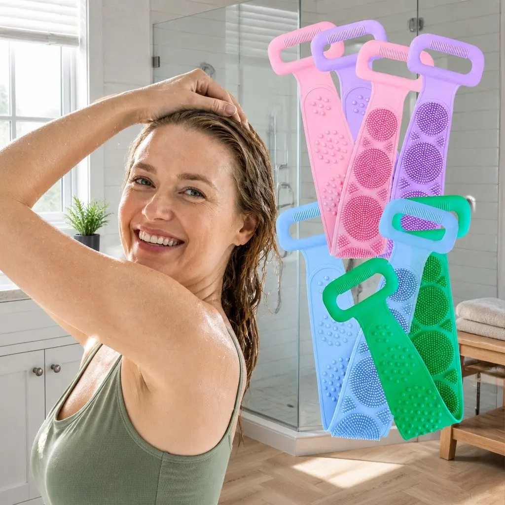 Silicone Back Scrub Strap Exfoliating Body Shower Brush Purple Wash Tool