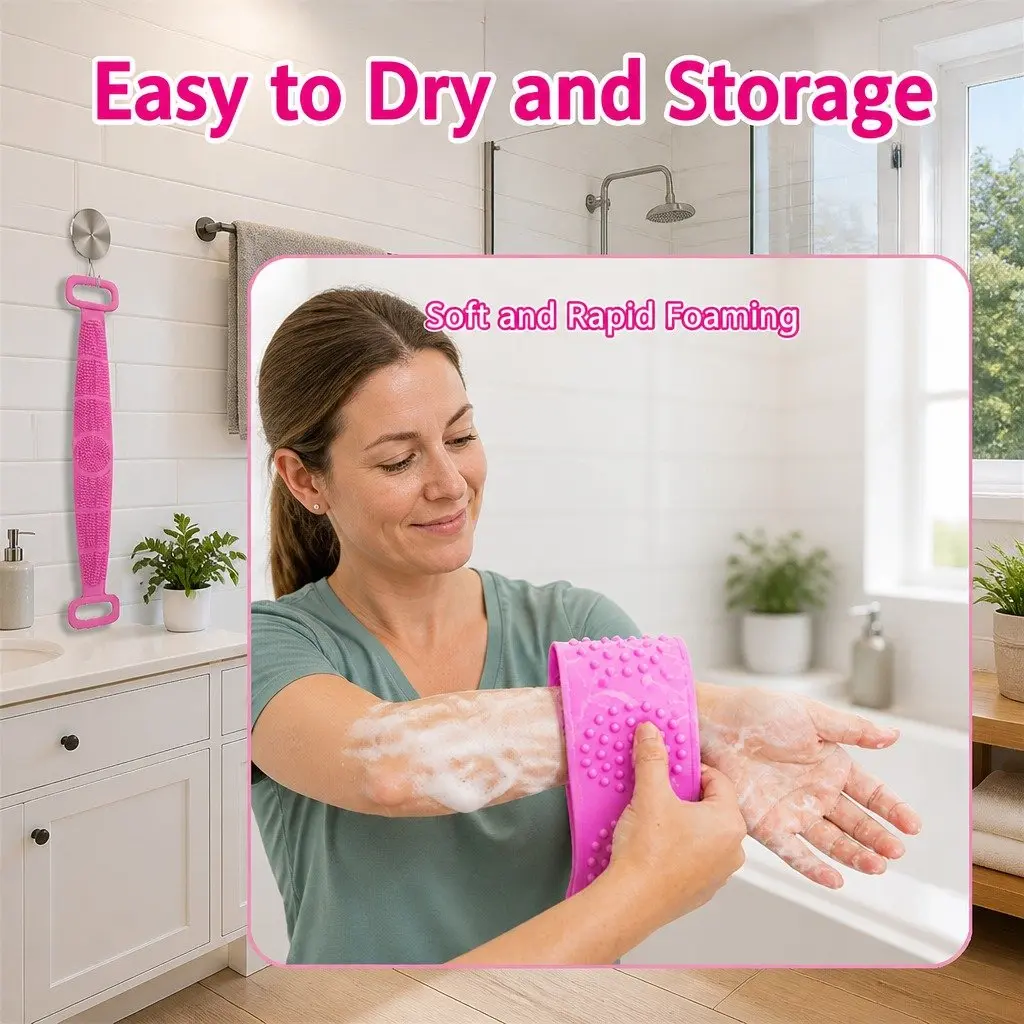 Silicone Back Scrub Strap Exfoliating Body Shower Brush Purple Wash Tool
