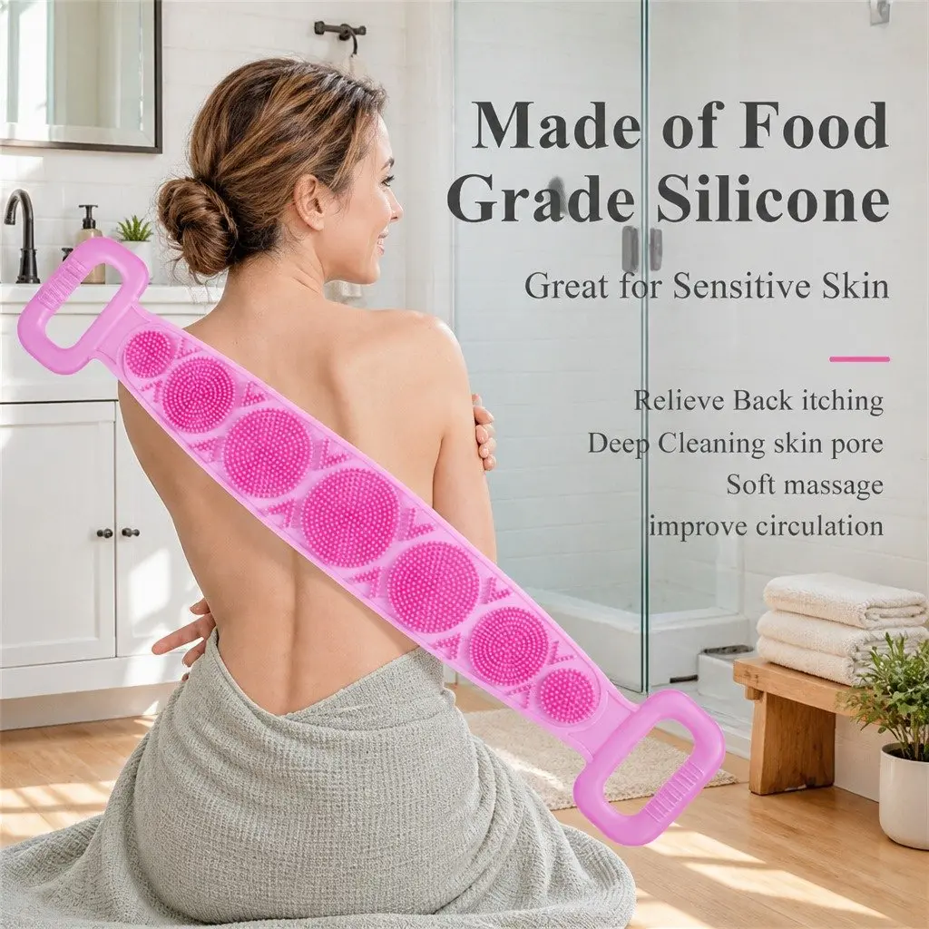 Silicone Back Scrub Strap Exfoliating Body Shower Brush Purple Wash Tool