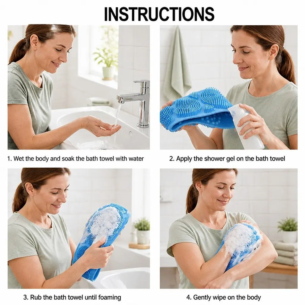 Silicone Back Scrub Strap Exfoliating Body Shower Brush Purple Wash Tool