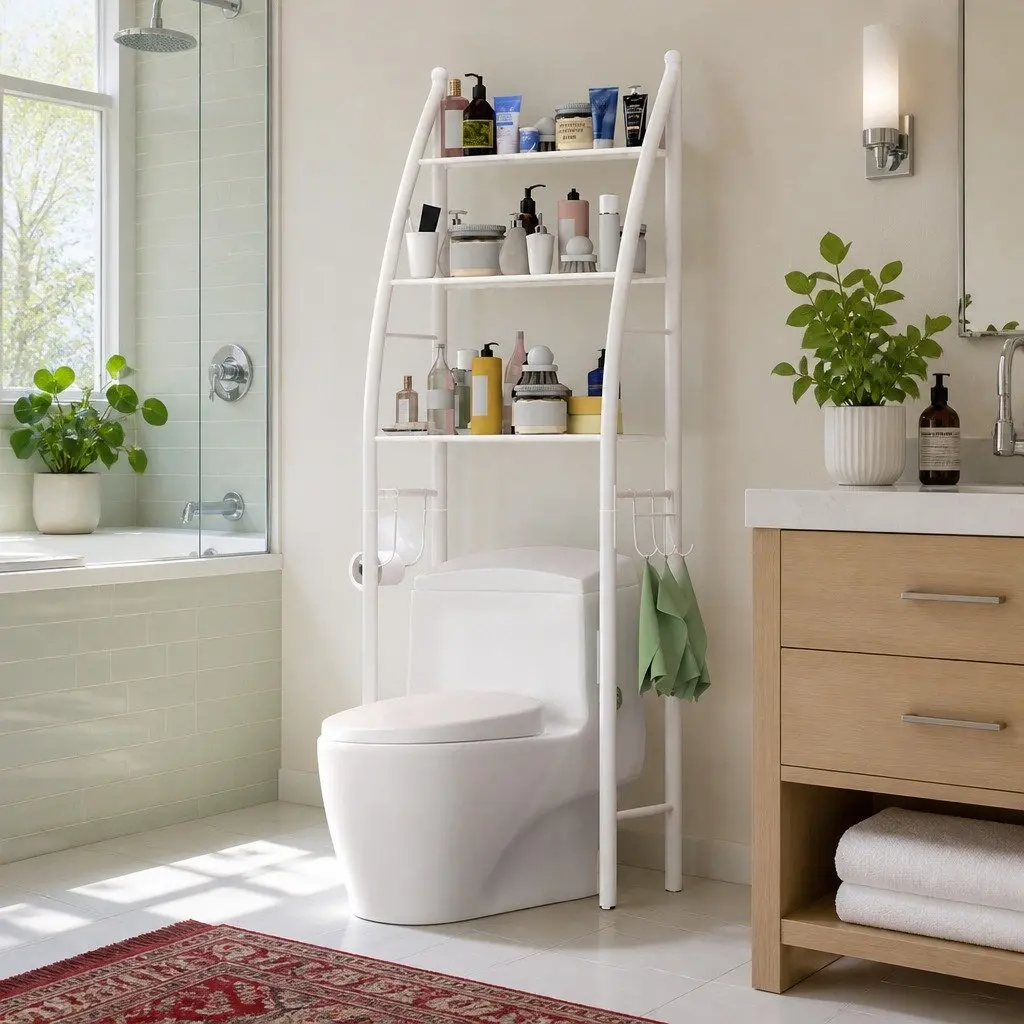 Toilet Storage Rack Metal 3 Layer Shelves White 47x25x168cm