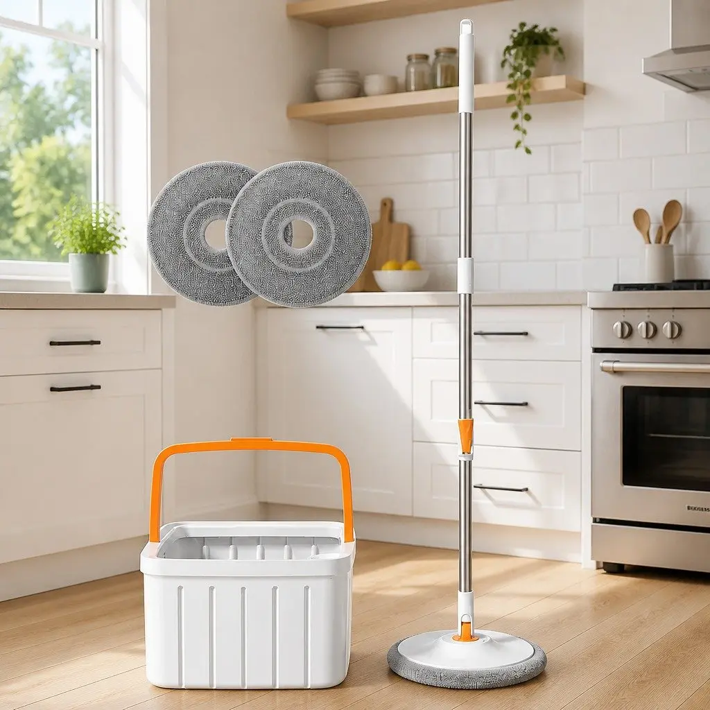 Rotary Flat Mop ABS PP Stainless Steel 102x18x23cm Orange White