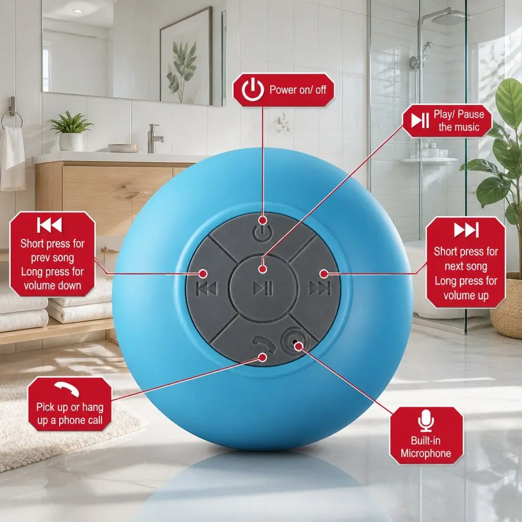 Bluetooth Speaker Waterproof Red Mini Suction Cup Outdoor Stereo Music