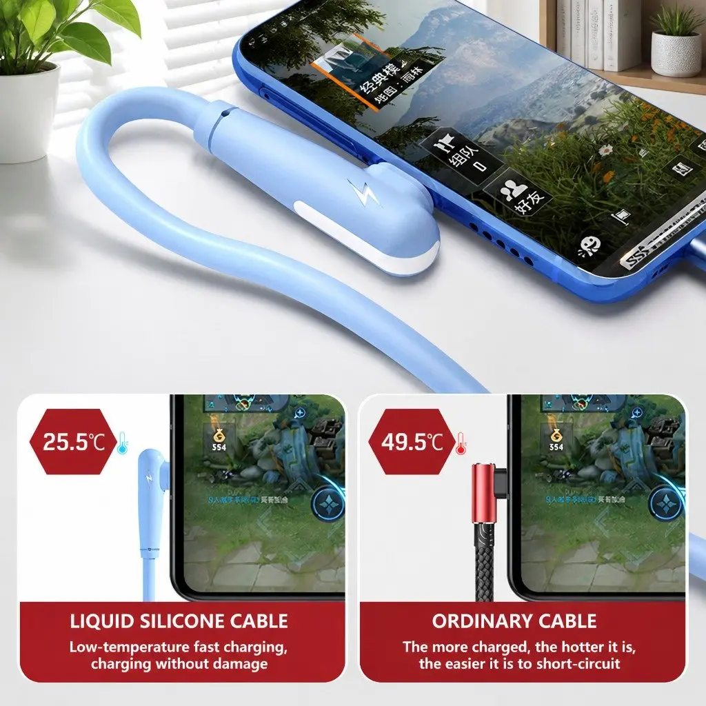 Three-in-One Fast Charging Data Cable Liquid Silicone Elbow Design USB Connector