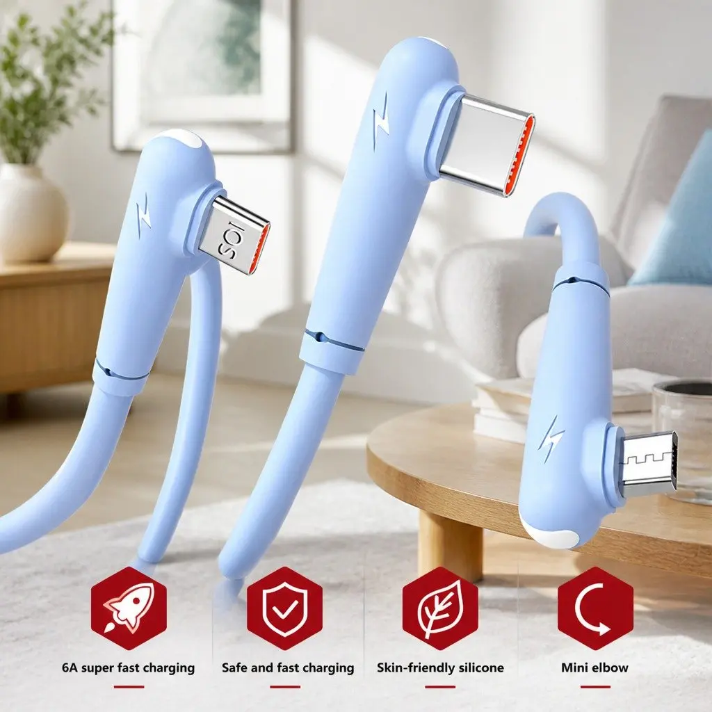 66W Fast Charging Three-in-One Data Cable Elbow Liquid Silicone Blue