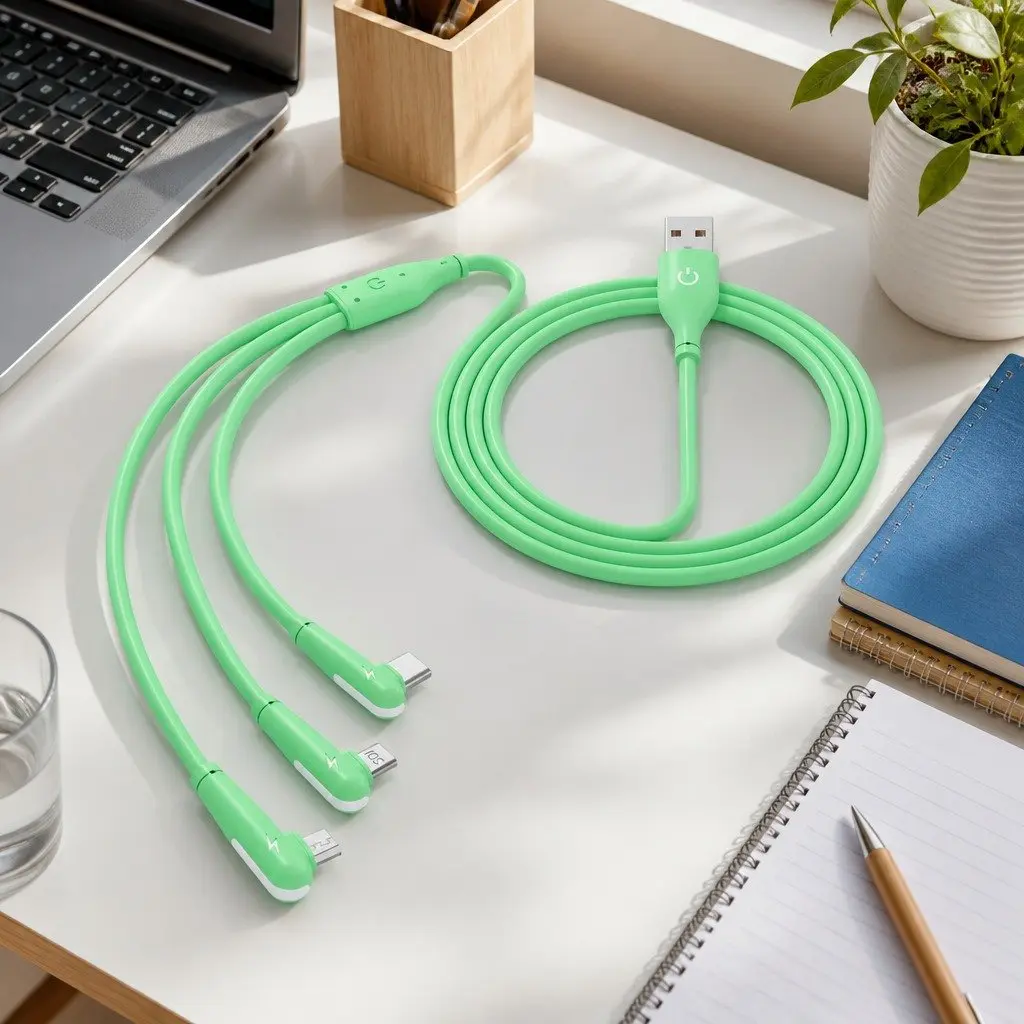 Elbow Three-in-One Fast Charging Data Cable Liquid Silicone 1.2m Green