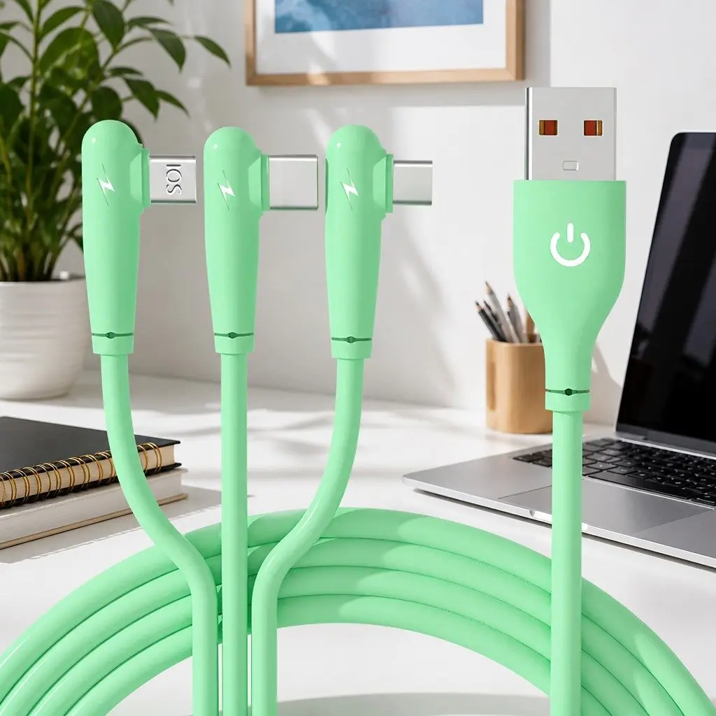 Elbow Three-in-One Fast Charging Data Cable Liquid Silicone 1.2m Green
