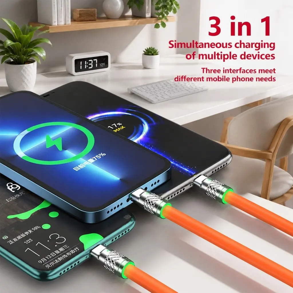 3 in 1 USB Charging Cable TPE 1.2m Yellow