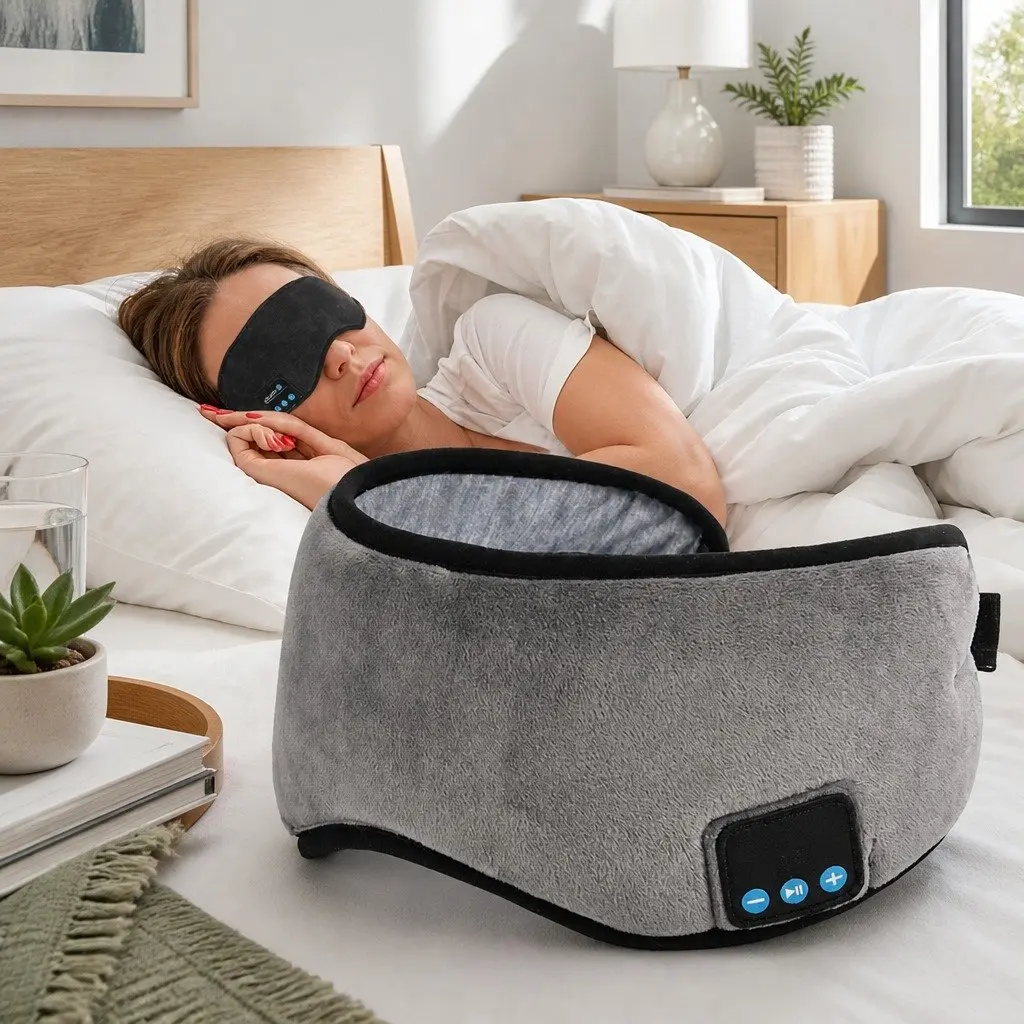 Bluetooth Eye Mask Headphones Water-Gold Velvet Composite Sponge 13x16.5x6cm Grey