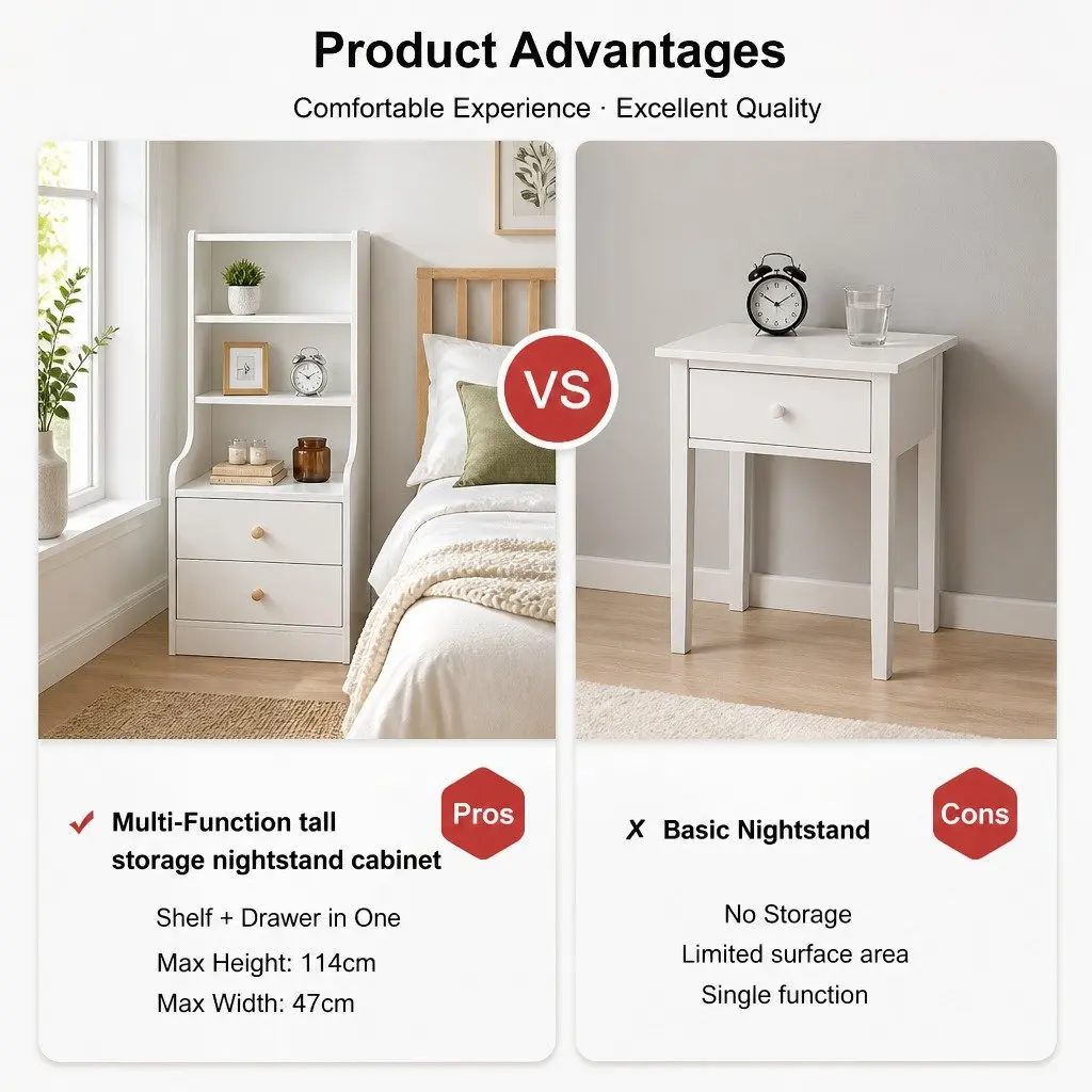 Warm White Bedside Table with 3 Open Shelves and 2 Drawers 114 cm