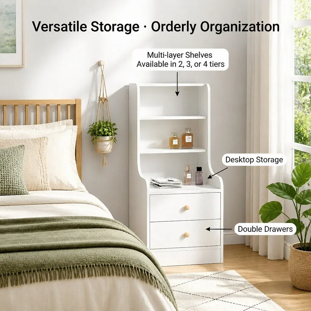 Warm White Bedside Table with 3 Open Shelves and 2 Drawers 114 cm