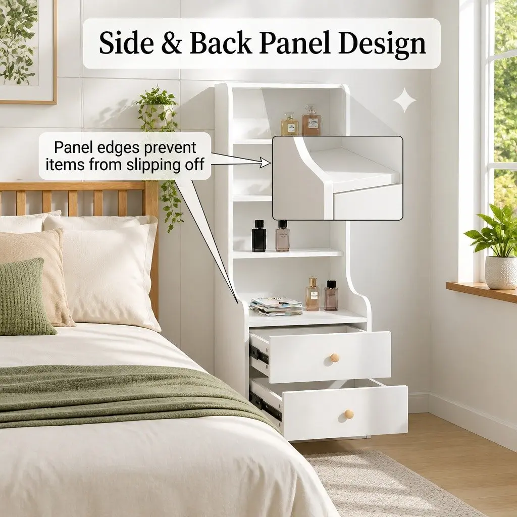 Bedside Table MDF 47x39x142cm Warm White Minimalist Storage Cabinet with Drawers