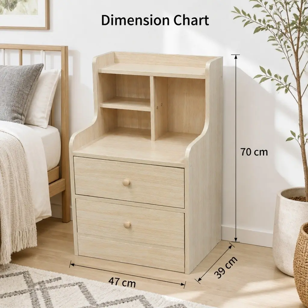 Bedside Table Light Wood 67cm Scandinavian 2 Drawers Open Storage