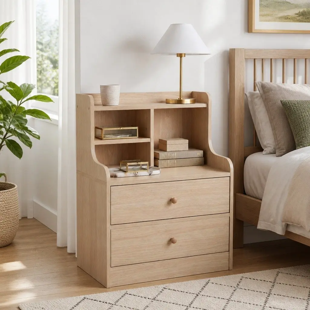 Bedside Table Light Wood 67cm Scandinavian 2 Drawers Open Storage
