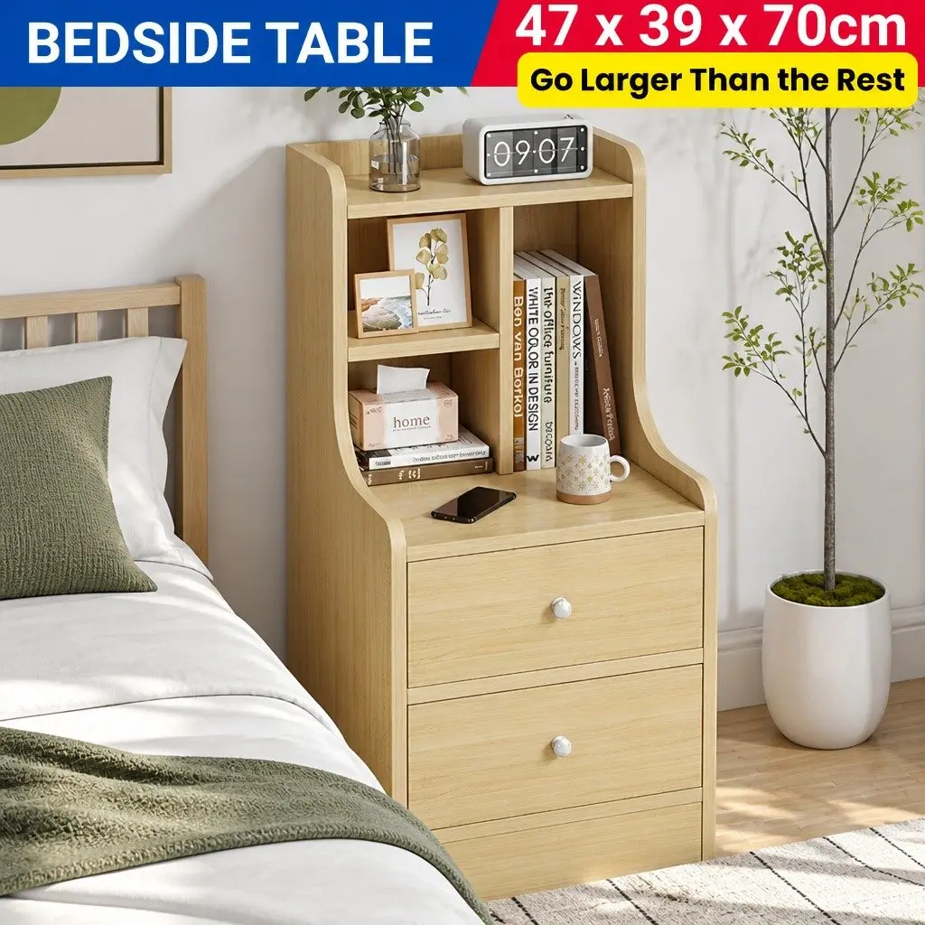 Bedside Table Light Wood 67cm Scandinavian 2 Drawers Open Storage