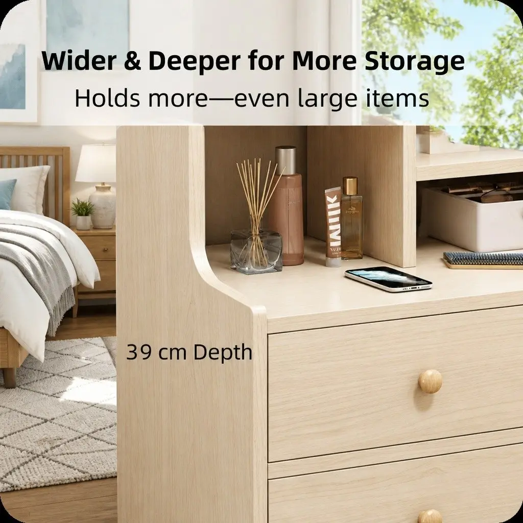 Bedside Table Light Wood 67cm Scandinavian 2 Drawers Open Storage