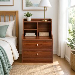 Multi-Compartment Reddish-Brown Bedside Table with Drawers