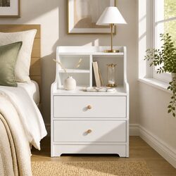 Elegant White Bedside Table with Curved Design and Storage