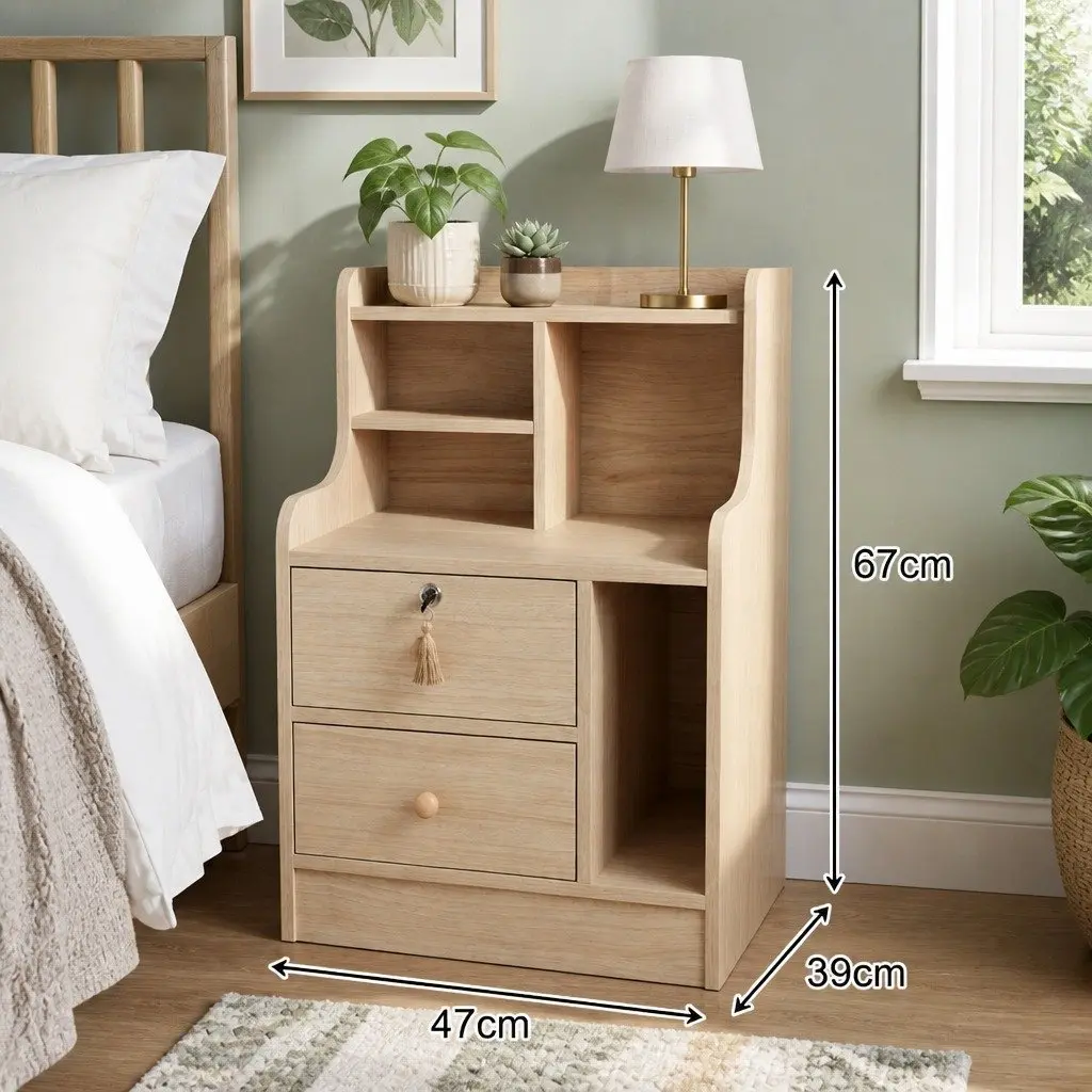 Bedside Table Natural Wood 70cm 2 Drawers Open Shelf