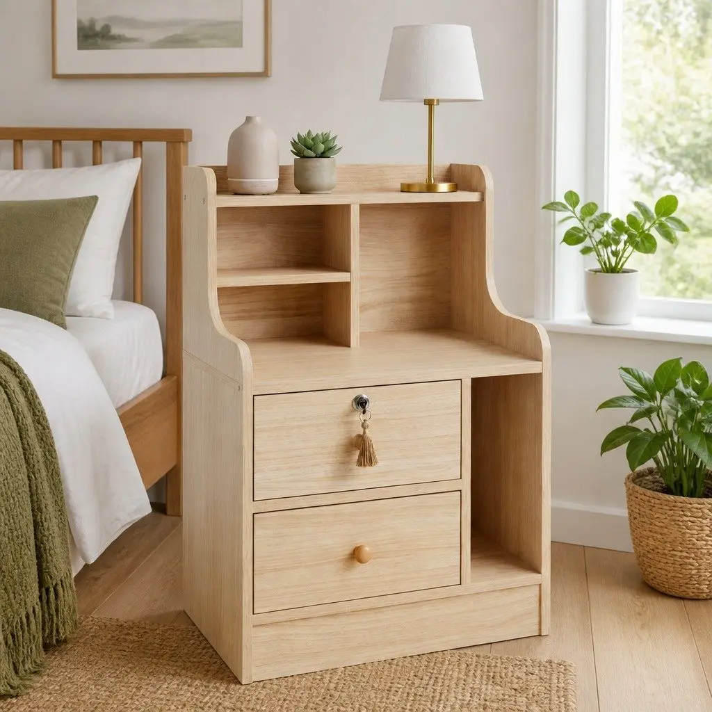 Bedside Table Natural Wood 70cm 2 Drawers Open Shelf