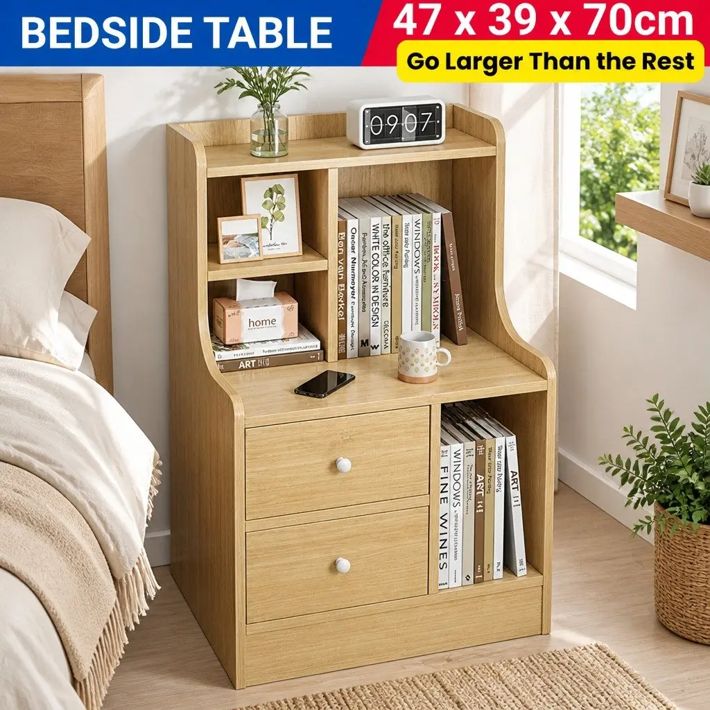 Bedside Table Natural Wood 70cm 2 Drawers Open Shelf