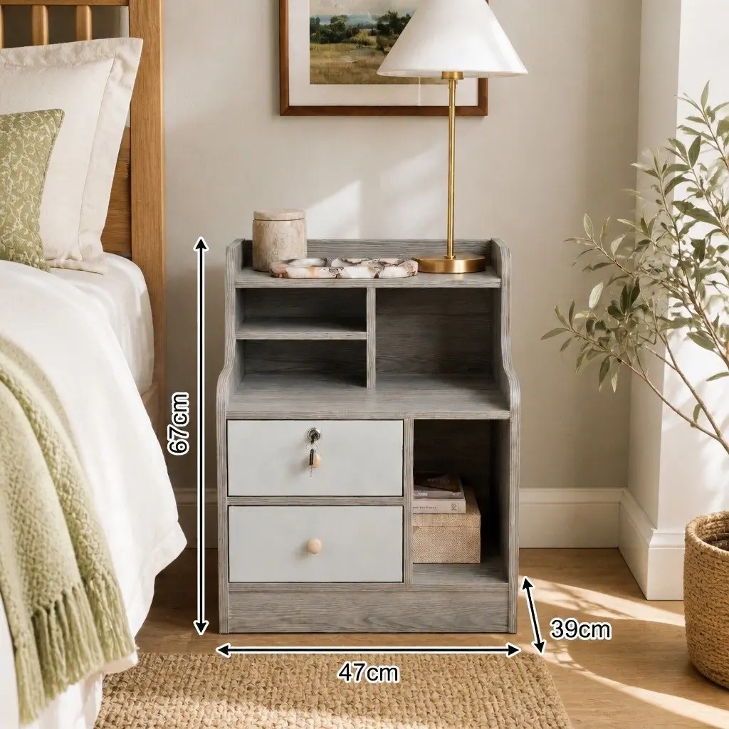 Bedside Table Wood Light Gray 70cm with 2 Drawers and Open Shelf Storage