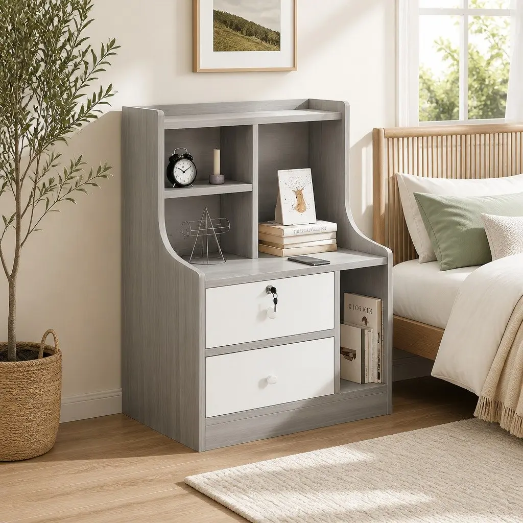 Bedside Table Wood Light Gray 70cm with 2 Drawers and Open Shelf Storage