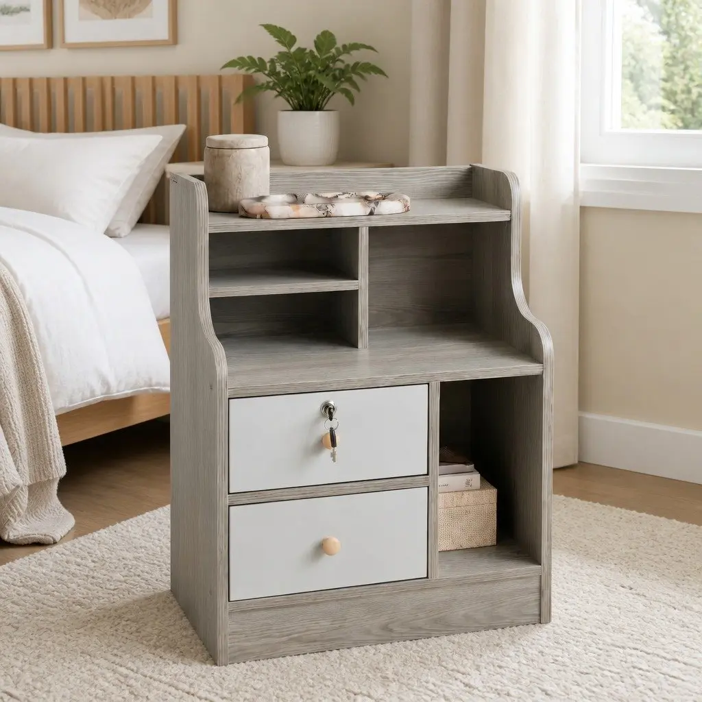 Bedside Table Wood Light Gray 70cm with 2 Drawers and Open Shelf Storage