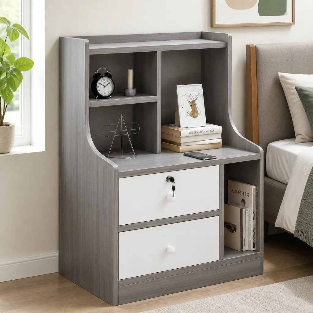 Bedside Table Wood Light Gray 70cm with 2 Drawers and Open Shelf Storage