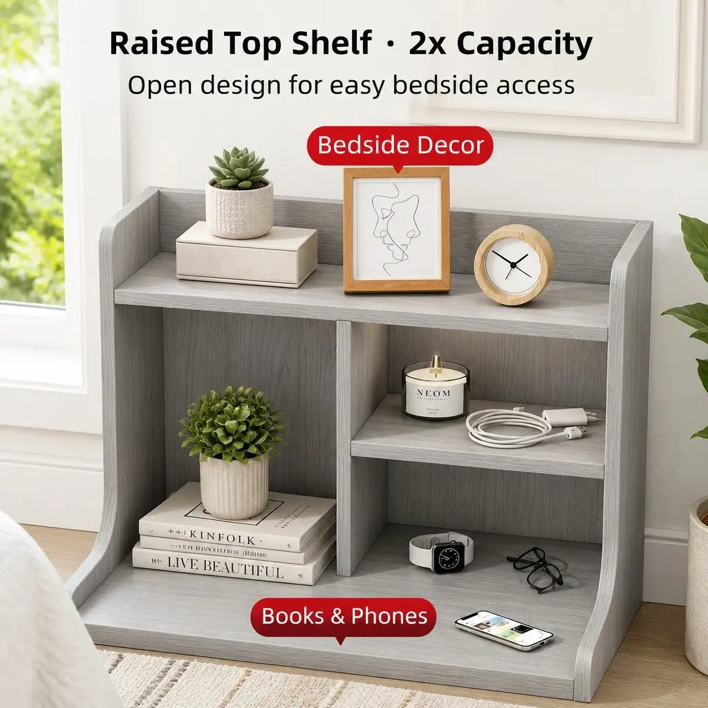 Bedside Table Wood Light Gray 70cm with 2 Drawers and Open Shelf Storage