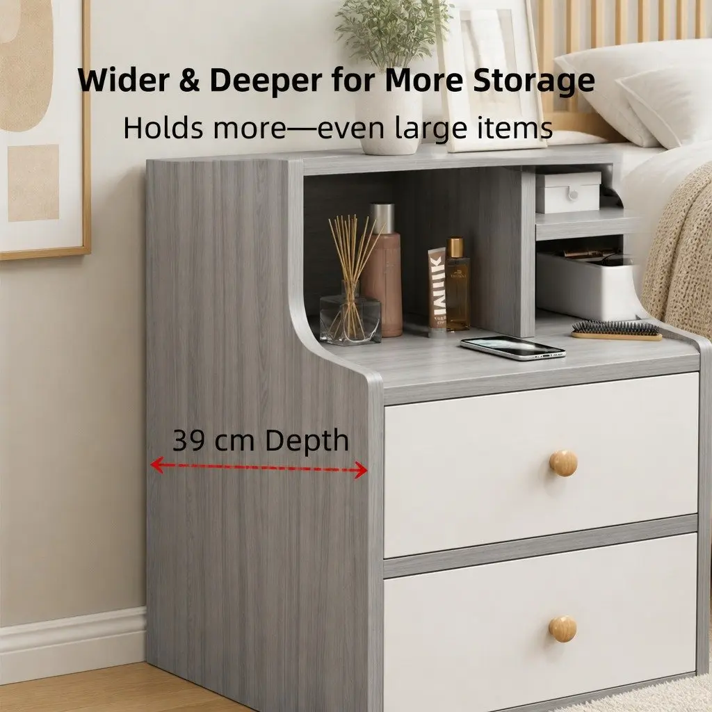 Bedside Table Wood Light Gray 70cm with 2 Drawers and Open Shelf Storage