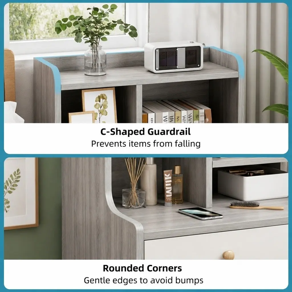 Bedside Table Wood Light Gray 70cm with 2 Drawers and Open Shelf Storage